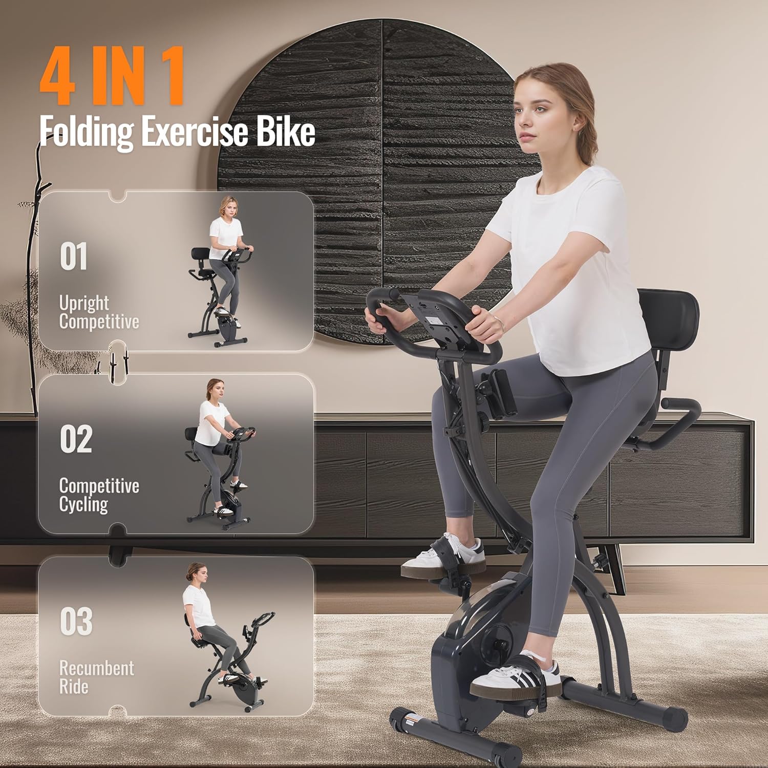 Folding Exercise Bike Stationary Bike Recumbent Exercise bike with 10 Level Adjustable Magentic Resistance and Arm Resistance Band LCD Display Support Backrest Wide Seat 300LB Capacity for Home Workout - Image 4