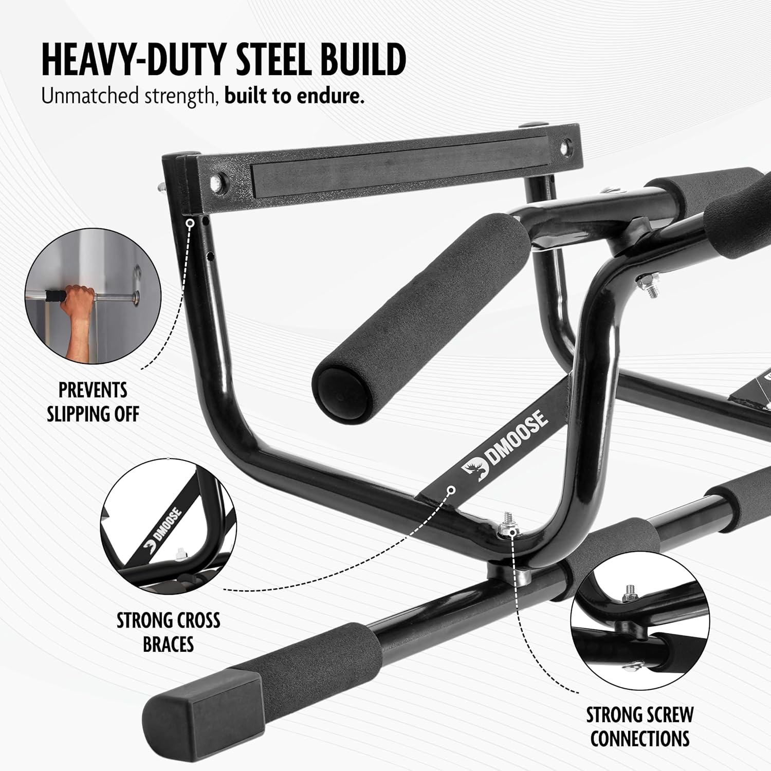 DMoose Fitness Pull Up Bar for Doorway - Upto 250 Lbs Capacity, No Screwing or Slipping, Hanging Pullup & Chin Up Bar for Door Frame - Multi Padded Grips for Strength Training with Installation Guide - Image 5