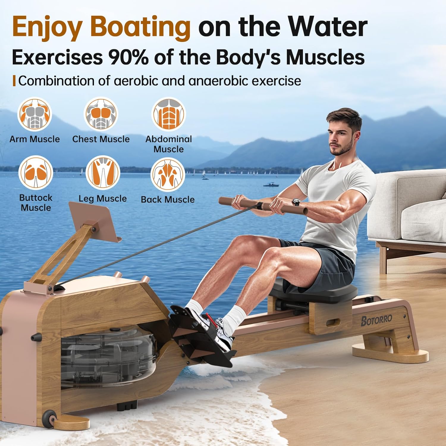Water Rowing Machines for Home, Rower Machine with 12 Propellers & 28L Large Water Tank, 6-Level Resistance, with Multifunctional Display and Adjustable Stand, Max Load 330LBS - Image 6
