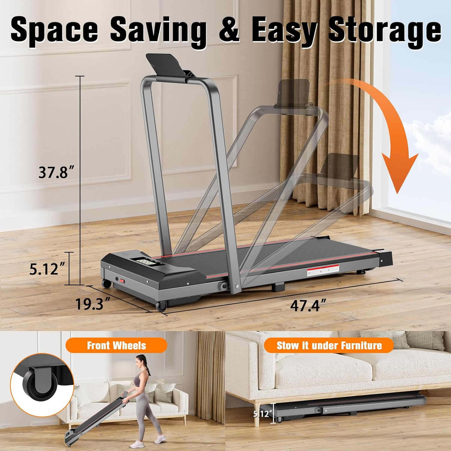 Walking Pad with Handle Bar, 300lbs Capacity Under Desk Treadmill with Remote & LED Display, 3.0HP 3-in-1 Folding Treadmill for Walking, Jogging & Running, Portable for Home & Office - Image 7