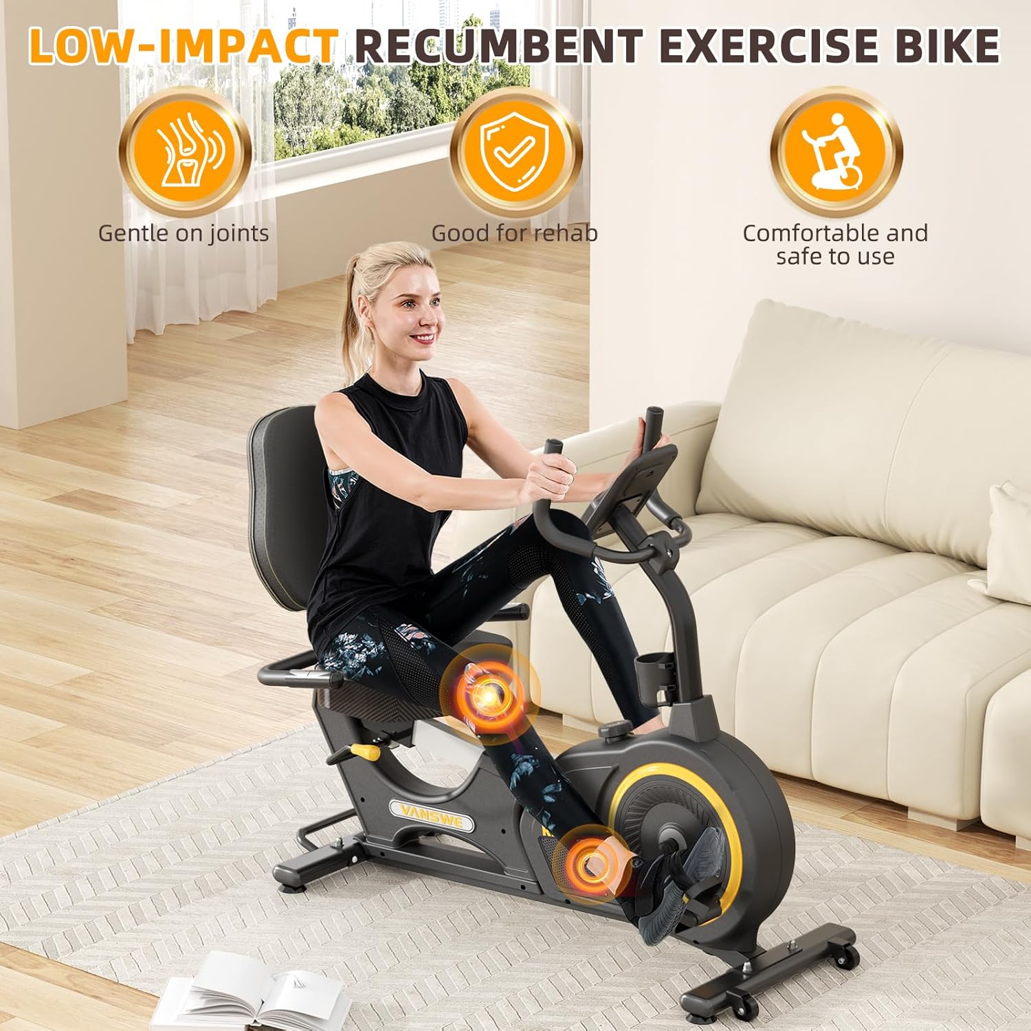 VANSWE Recumbent Exercise Bike, Recumbent Stationary Bikes for Home 400 LBS Weight Capacity, Exercise Bike for Home Seniors with Smart App and Bluetooth Connectivity, LED Display, Pulse Handle - Image 2
