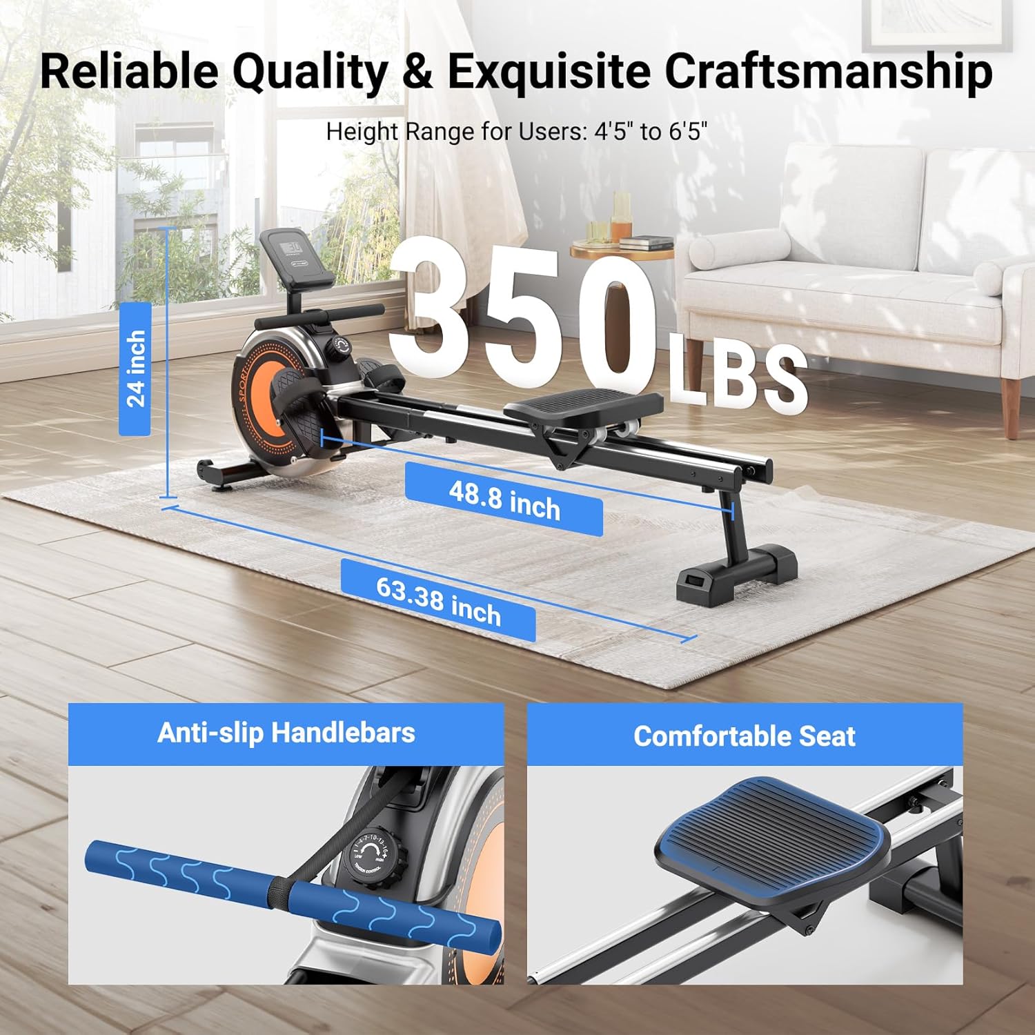 Dripex Rowing Machines for Home Use, Rowing Machine Magnetic Rower, Max 350 LBS, 16 Levels of Workout Resistance, Dual Slide Rail, Bluetooth App Compatible, LCD Monitor, Row Machine for Gym Exercise - Image 6
