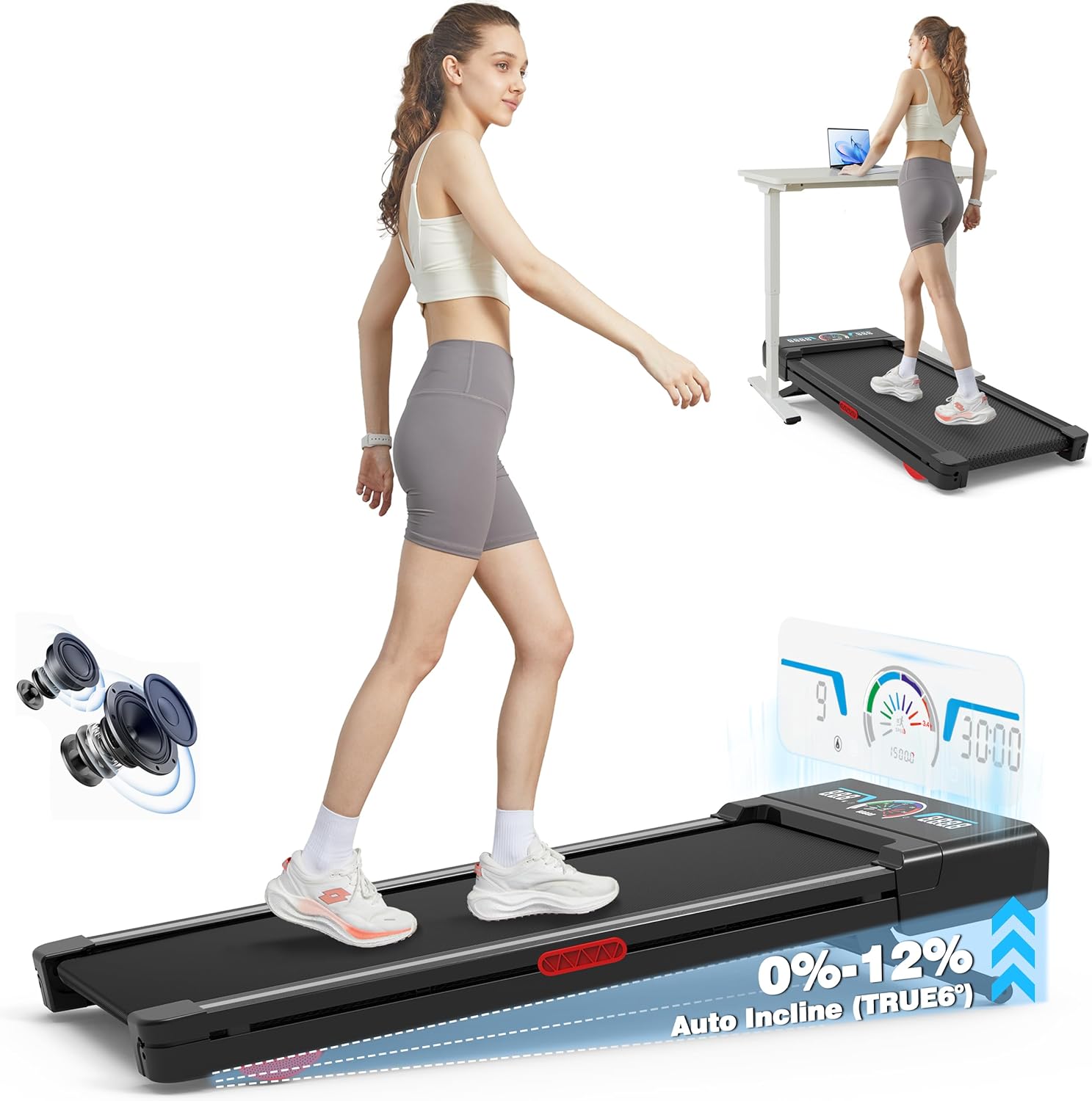 Walking Pad Treadmill with Incline, Under Desk Treadmill with Incline, Compact & Portable Treadmills for Home Small/Office, Grey