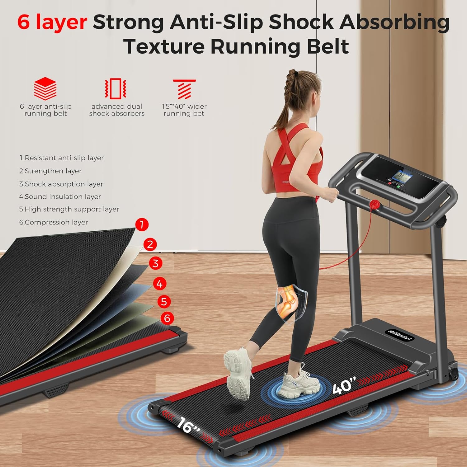 Portable Treadmill with Handle, 3.0HP Walking Pad Treadmill, Electric Compact Treadmills,Treadmills for Home Small Space with 12 Preset Programs, Walking Pad with Handle,300 LBS Capacity(Black Red) - Image 6