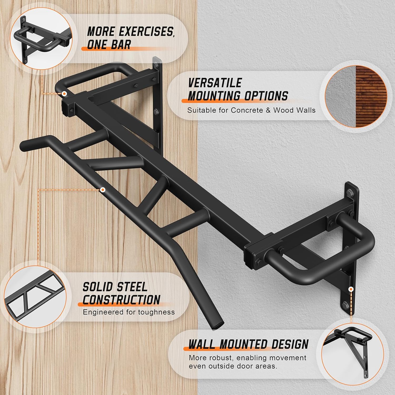 Heavy Duty Pull Up Bar with 14 Grip Positions, Strength Training Pull-Up Bars for Home Gym, Wall Mounted, Joist Mounted Chin Up Bar with Reinforced Thick Metal Construction - Supports 600 lbs for Full-Body Workouts - Image 4