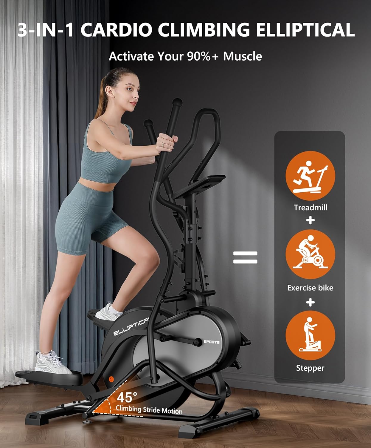 THERUN Elliptical Exercise Machine, 3-in-1 Cardio Climber Stepping Elliptical Machine for Home, Stair Stepper Elliptical Training Machines w/16 Levels Resistance, Pulse Sensor, LCD Monitor - Image 5