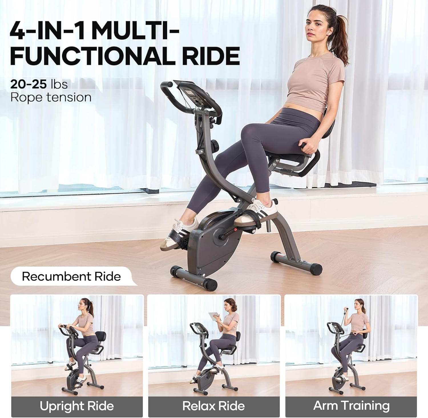 Exercise Bike Stationary Bikes for Home Recumbent Exercise Bike Folding with 10-Level Adjustable Resistance LCD Monitor Pulse Sensor Support Back Pad and Tablet Holder Arm Resistance Band 265LBS Weight Capacity for Home Workout - Image 3