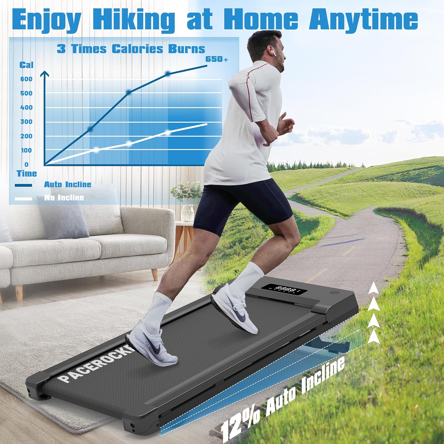 Walking Pad Treadmill with 12% 9-Level Auto Incline, 450 lbs Capacity Bluetooth Speaker Under Desk Treadmills for Home Hiking, 5 MPH - Image 2