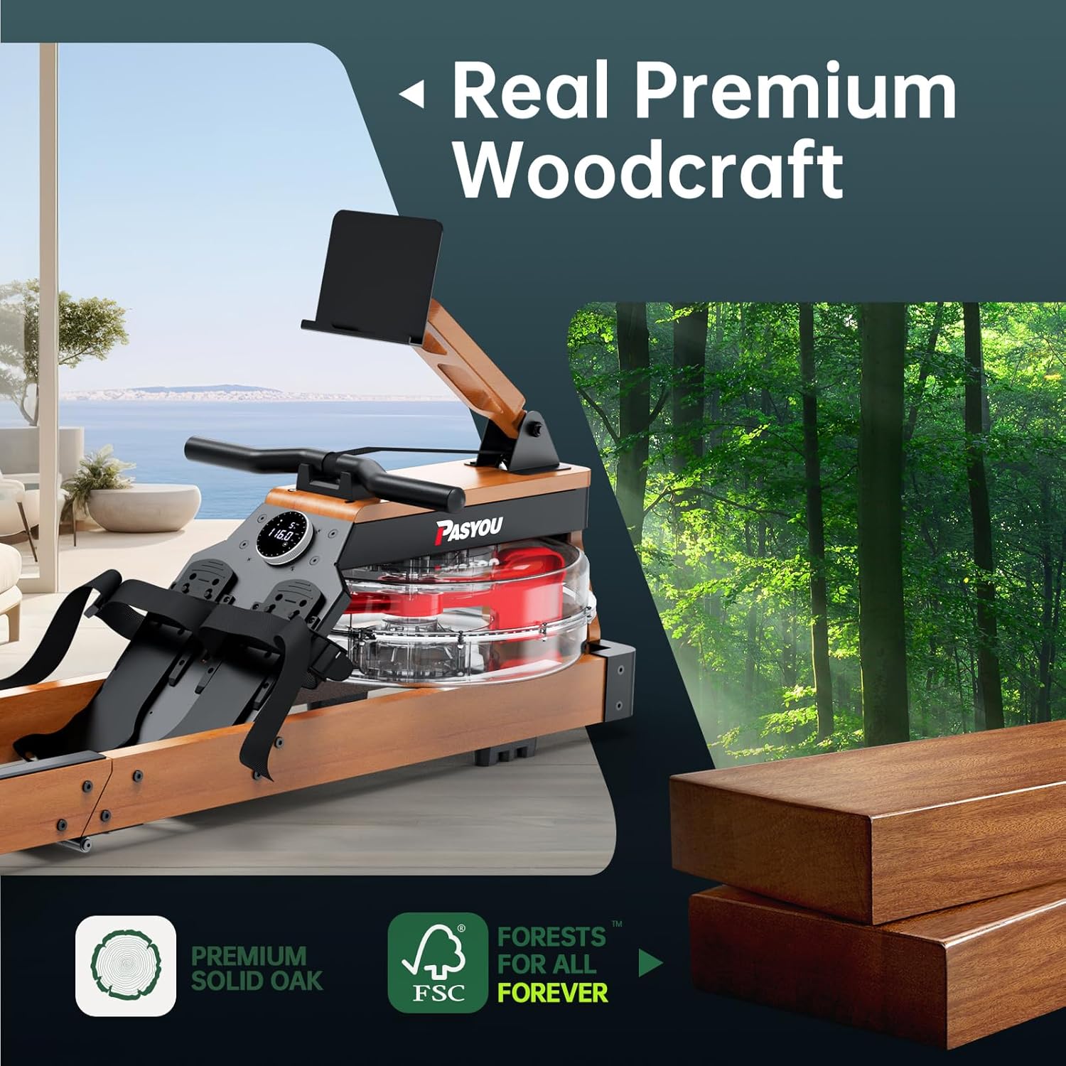 PASYOU Water Rowing Machines for Home Oak Wood Foldable Rower Machine 350LB Weight Capacity, 6 Levels Adjustable Row Machines with Monitor & Device Holder & 14L Tank, Bluetooth with Kinomap APP - Image 2