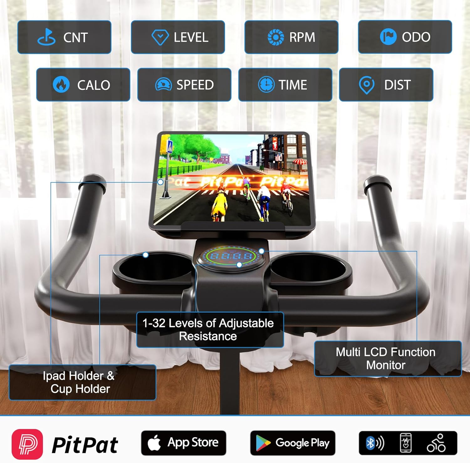 Exercise Bike, 32-Level Magnetic Resistance Stationary Bikes for Home, Low Noise 300LBS Weight Capacity Workout Cycling Bike for Home Gym with Pad Mount, LCD Monitor, Cup Holder - Image 3