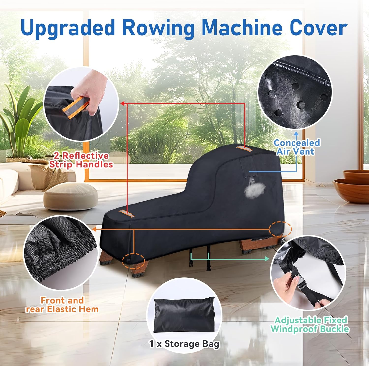 Rowing Machine Cover,420D Heavy Duty Rower Outdoor Covers,Outdoor Protective Cover for Concept 2 Fitness Equipment,with Waterproof Strip,Windproof Buckle,2 Handles,Accessories Fit for Concept 2 Rower - Image 5