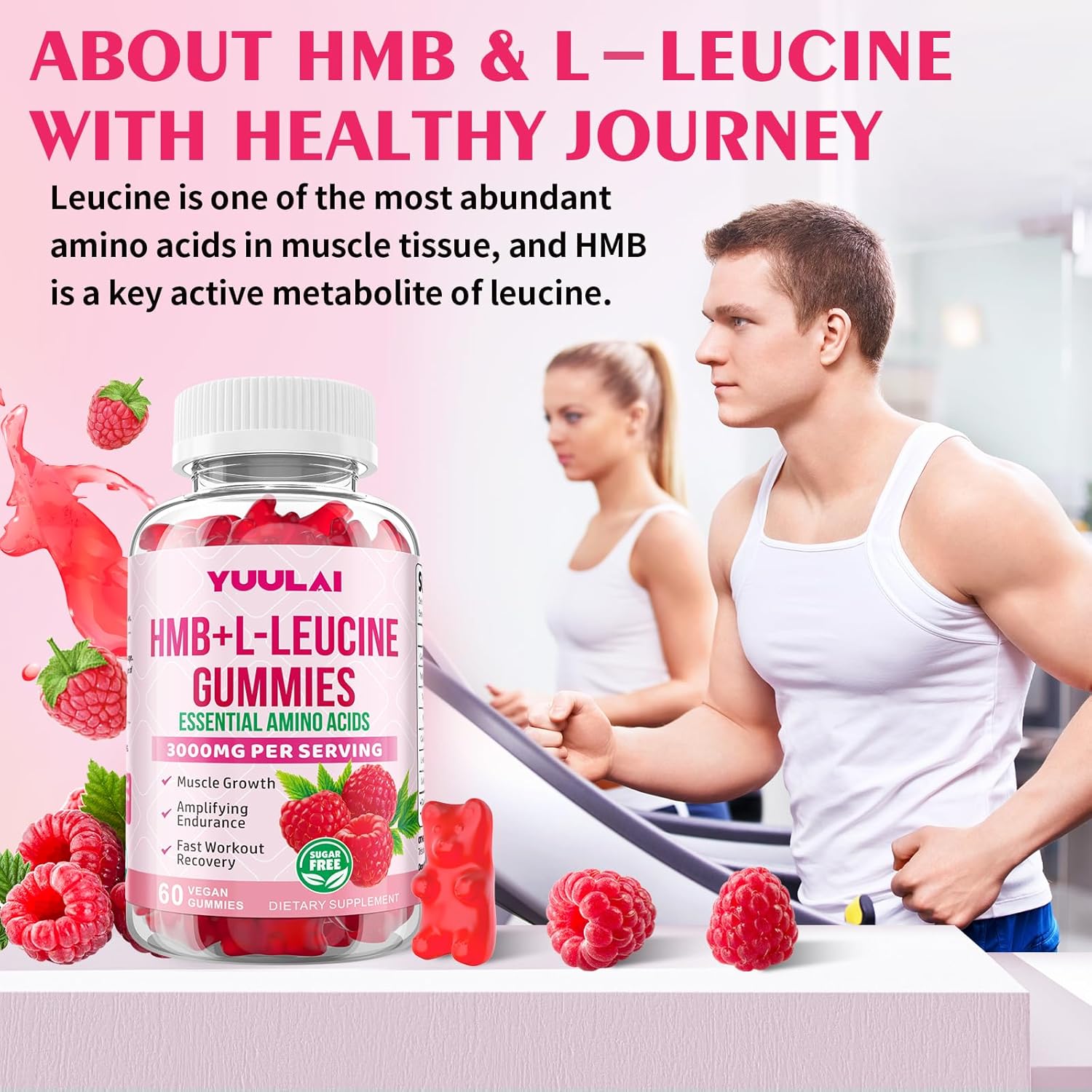 HMB and L-Leucine Gummies, 3000mg HMB and Leucine Amino Acid for Men Women, for Muscle Growth, Muscle Relief, and Fast Workout Recovery, Vegan, Raspberry Flavor, 60 Count - Image 5