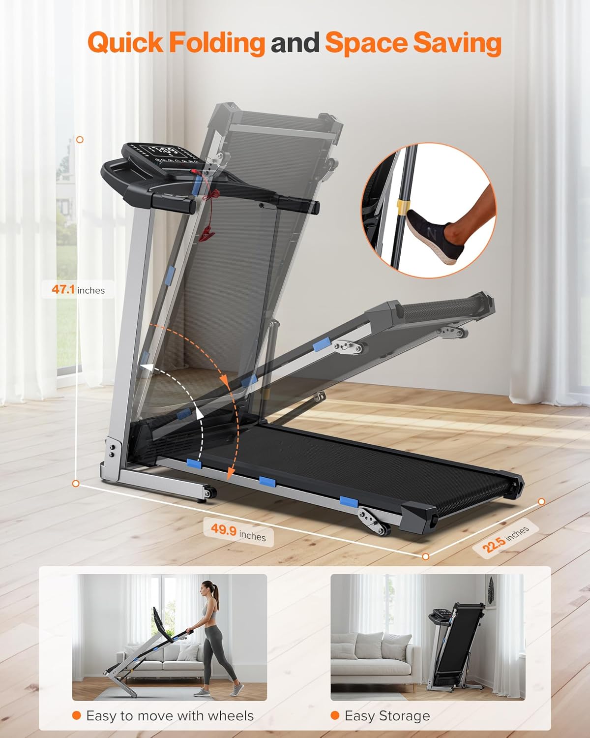 Folding Treadmill with Incline, 3.0 HP Quiet Treadmills for Home, 350 lbs Weight Capacity & 7.6 MPH, Incline Treadmill with Pulse Sensor and Bluetooth Speaker, Wide Belt, App, LED Display - Image 9