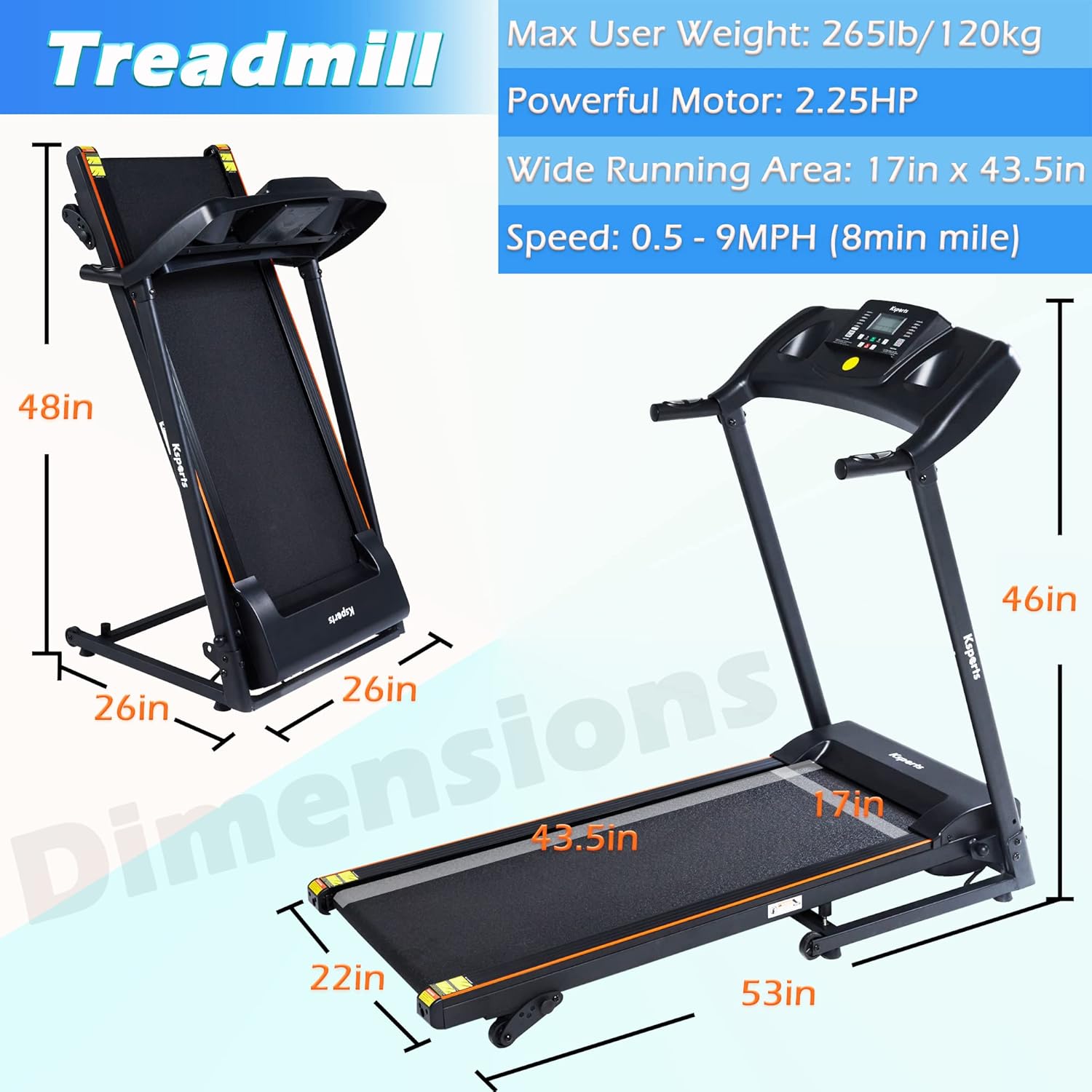 Ksports Foldable 16.5 Inch Cardio Fitness Portable Treadmill with Bluetooth Connectivity, LCD Display, and Tracking Apps for Home Gym Equipment, Black - Image 4