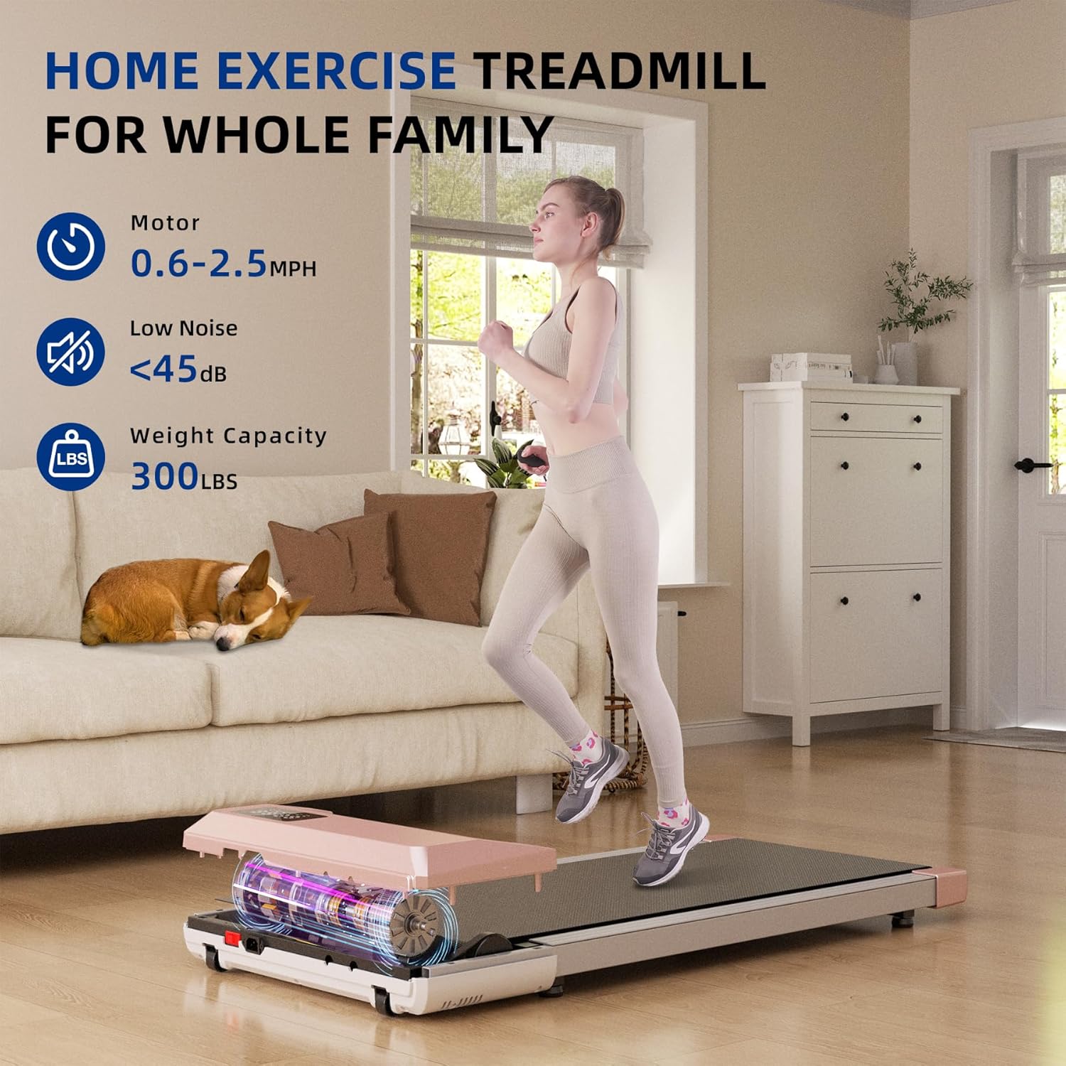 SupeRun Walking Pad, Under Desk Treadmill, 3 in 1 Portable Treadmill with Remote Control LED Display, 2.5 HP Quiet Walking Jogging Machine for Office Home Use, 250 Lbs Capacity - Image 4