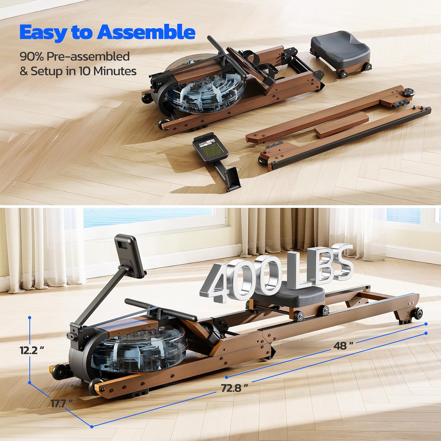 Dripex Water Rowing Machines for Home Use, Foldable Row Machine with 400LBS Weight Capacity, Rower Machine with Dedicated LCD Monitor, Comfortable Seat, Bluetooth App Compatible for Home Gym Exercise - Image 3