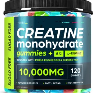 Creatine Gummies Monohydrate Complex 10,000mg for Men & Women -120 Gummies Advanced Formula W/L-Taurine + Vitamin B12 for Muscle Strength, Muscle Builder, Energy Boost, Pre-Workout Supplement -Thinbi