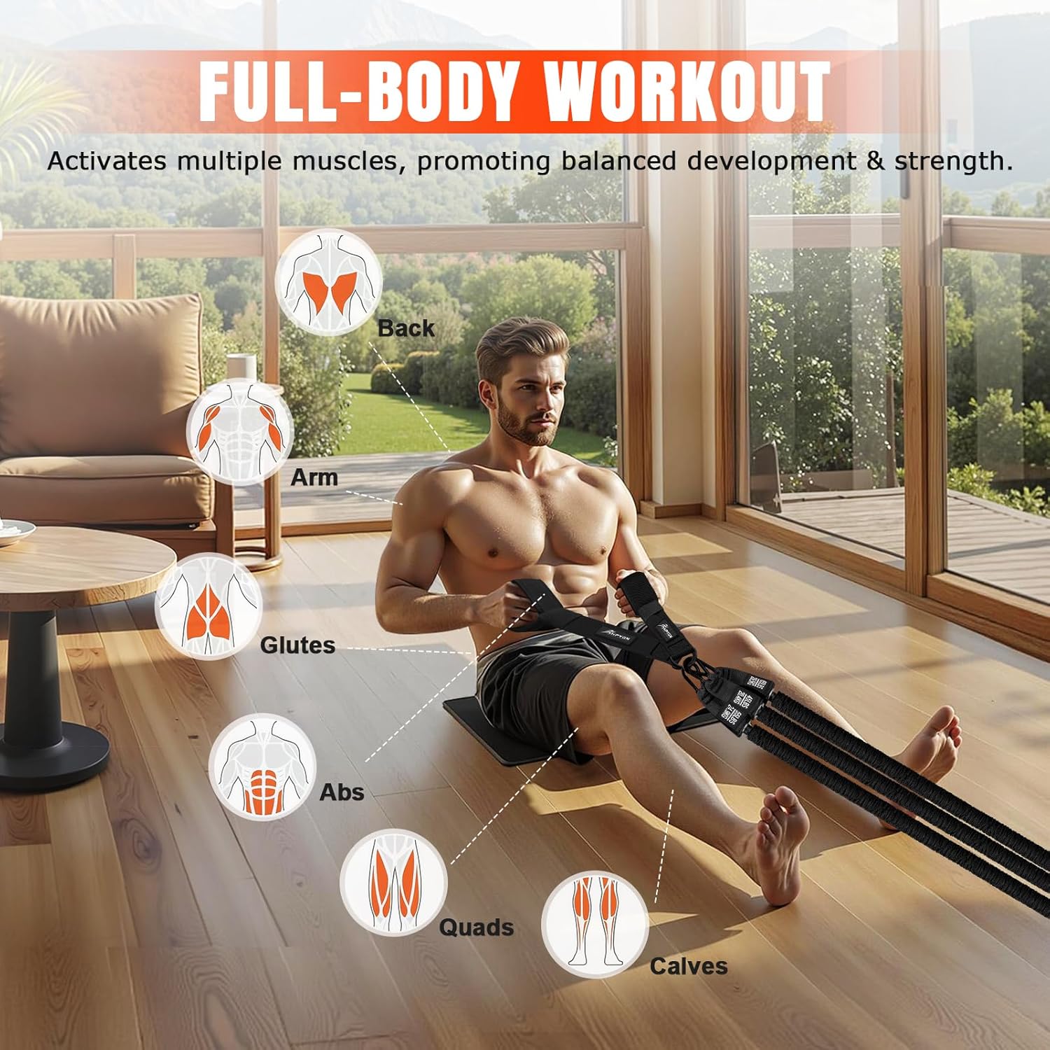 HPYGN Rowing Resistance Bands, Best Replacement for Rowing Machine, Home Gym Workout Equipment for Arms, Shoulders, Core, Back, Glutes and Legs, Rowing Workout, Cardio, Low-Impact, Portable Home Gym - Image 2
