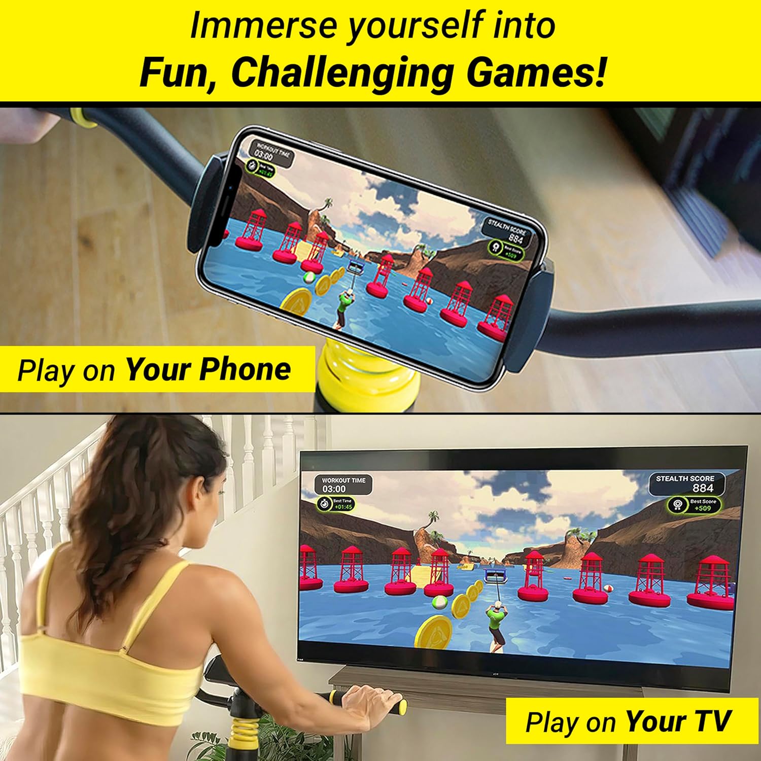 STEALTH GAME CYCLE: Full-Body Workout X-Bike, Gamified Cardio with 5 Free Games, Foldable Magnetic Cycle, Phone Holder + Free Fitness App (Optional Premium Subscription) - Image 5