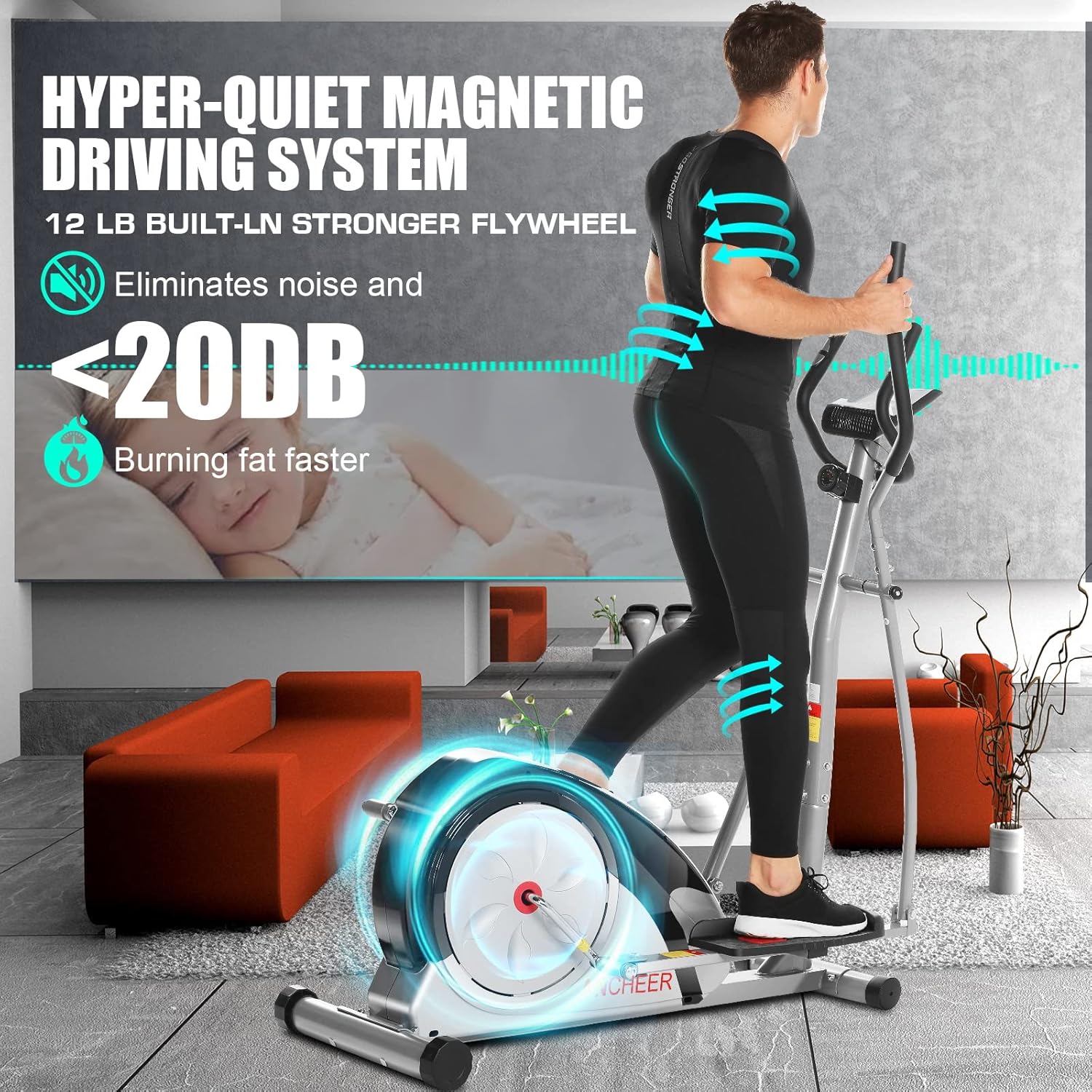 ANCHEER Elliptical Exercise Machine for Home with Hyper-Quiet Magnetic Driving System with Pulse Rate Grips&LCD Monitor,Elliptical Machine with 8 Resistance Levels Smooth,Max 500LBS Loading Capacity - Image 5