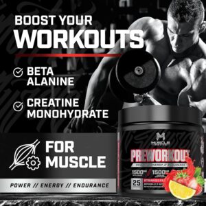 Pre Workout Powder with Beta Alanine, Creatine Monohydrate, BCAA, L Citrulline, L Arginine and Caffeine – Strawberry Lemonade Flavor – 25 Servings