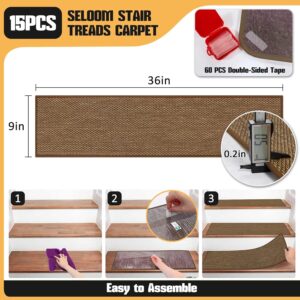 Seloom Linen Non-Slip Stair Treads Carpet for Wooden Steps Indoor, Peel and Stick for Wood Stairs, Machine Washable Runners for Pets, 15 Pack, Coffee (9″ x36″)