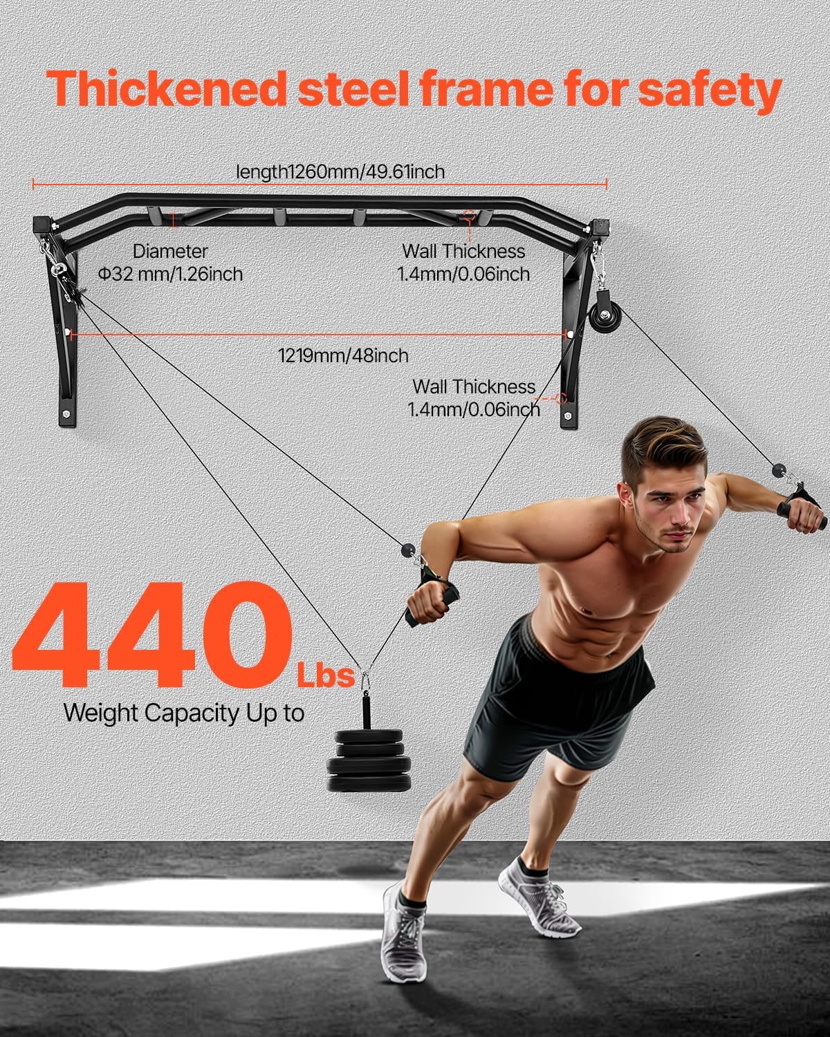 VEVOR Pull Up Bar, Multi-Grip Wall Mounted Pull Ups, 50 in Width Multifunctional Chin Up Training Station, Heavy Duty Steel Upper Body Workout Bars with LAT Pulldown Attachments, 440 lbs, for Home Gym - Image 2