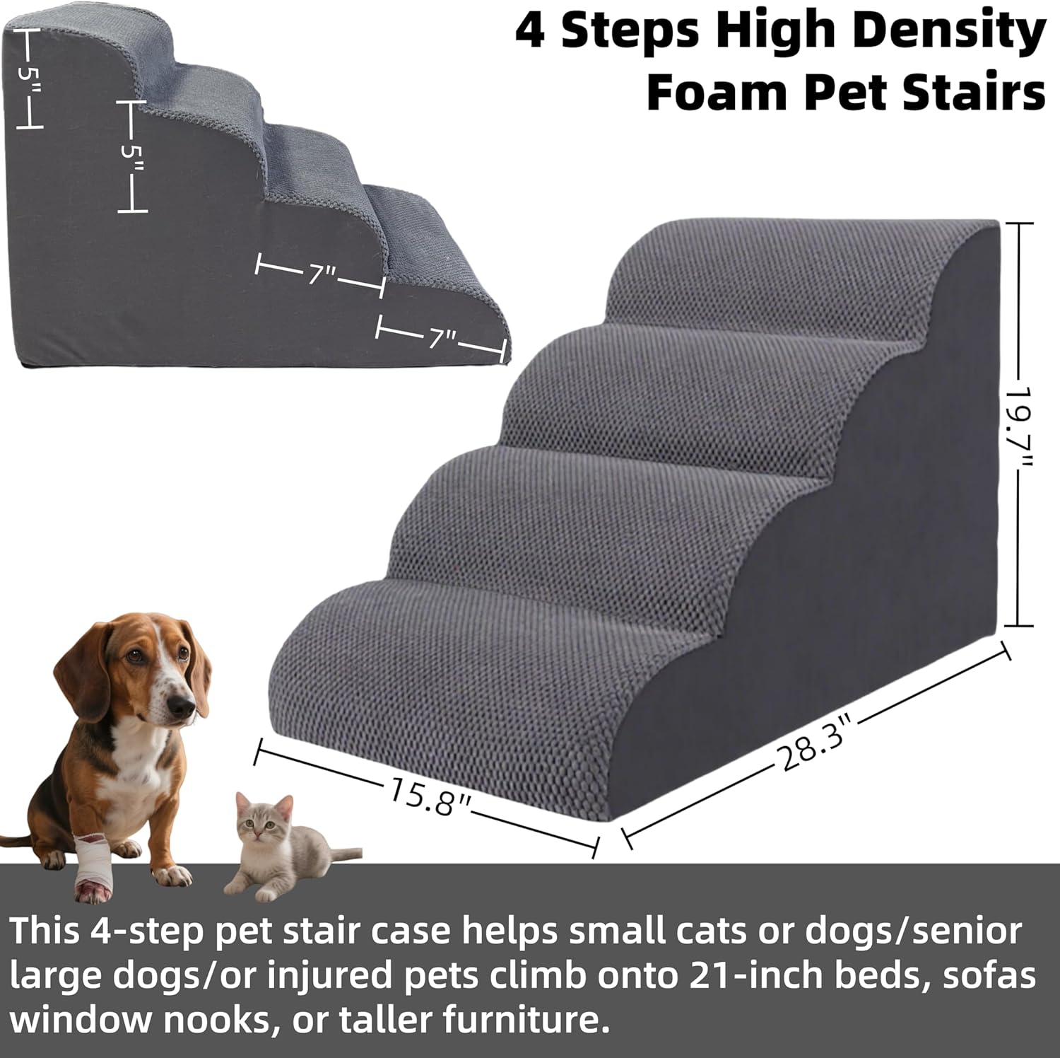 4 Step Pet Stairs Ramp for High Beds Sofas 18-24 Inch with Sturdy Non Slip Waterproof Pads, Machine Washable Cover Indoor Balanced Design for Cats Dogs Small Medium Large XL Pets Grey - Image 2