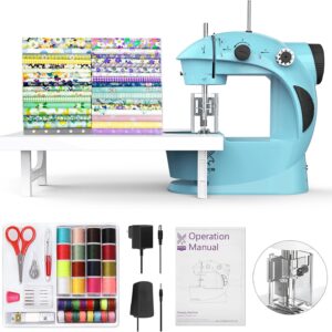 KPCB Tech Sewing Machine for Beginners [Full Set] with Finger Guard and Fabric Bundles – Mini Sewing Machine with Sewing Kits, Foot Pedal, US Adapter and Extension Table (With Sewing Kit Blue & Black)