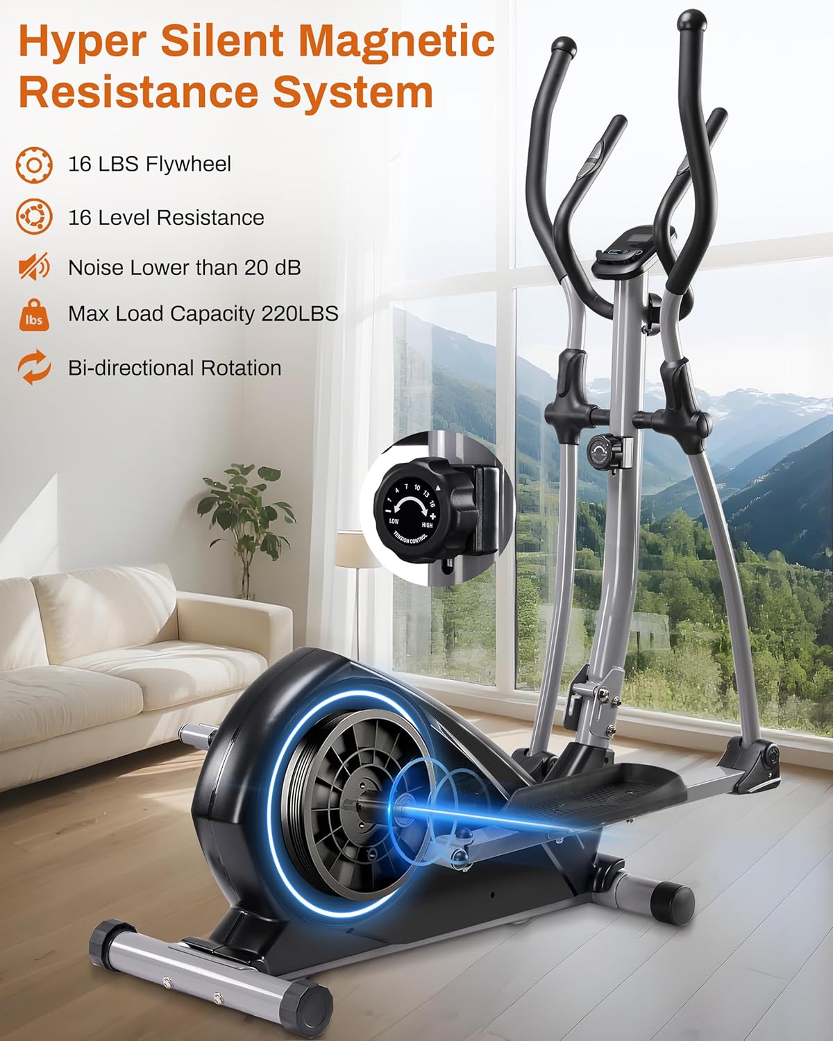 ECHANFIT Elliptical Exercise Machine, Hyper-Quiet Magnetic Elliptical Machine for Home, Elliptical Training Machines with 16 Resistance Levels, App Bluetooth, LCD Monitor, Pulse Sensor, Device Mount - Image 3