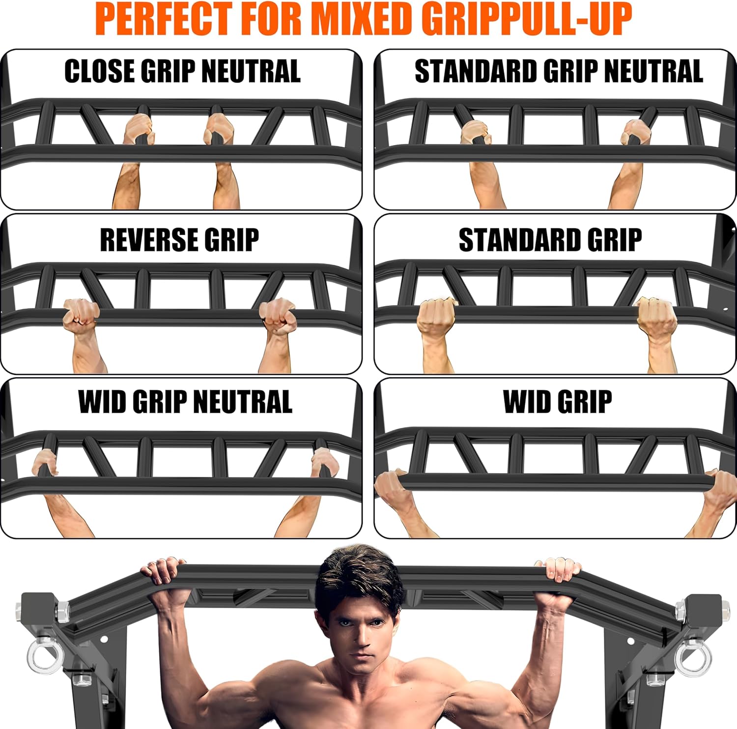 Upgraded-HWOOUSA Pull Up Bar Wall Mounted,Heavy Duty Multi Grip Bar with 14 Grip Positions,Space Saving Home Gym Equipment -Ideal for Garage,Outdoor Strength Training, Chin Up Bar,Supports to 600 Lbs - Image 6