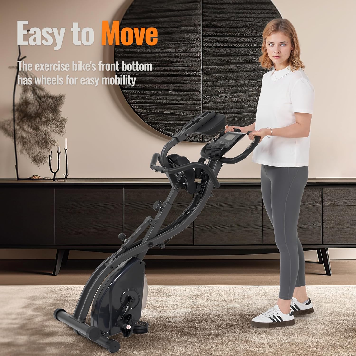 Folding Exercise Bike Stationary Bike Recumbent Exercise bike with 10 Level Adjustable Magentic Resistance and Arm Resistance Band LCD Display Support Backrest Wide Seat 300LB Capacity for Home Workout - Image 8