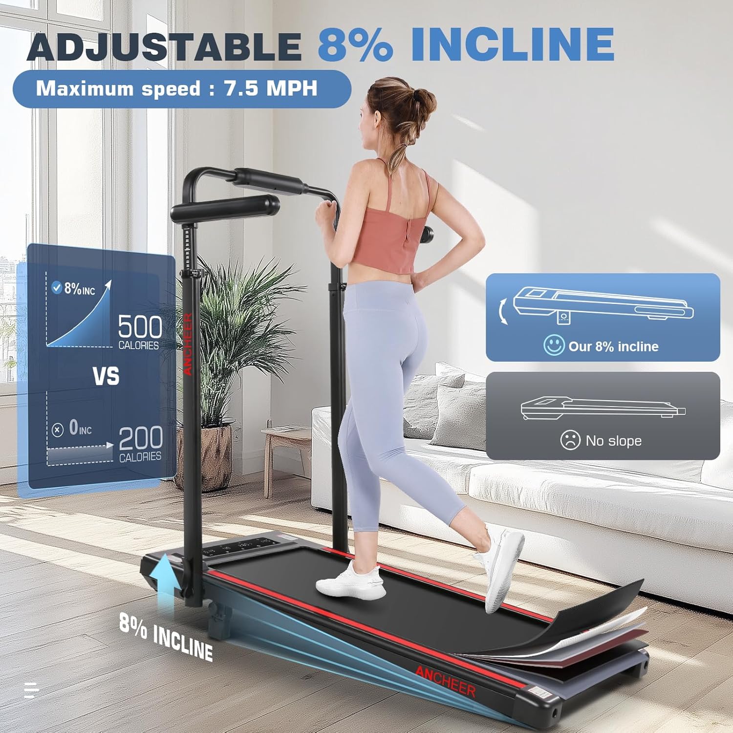 ANCHEER Walking Pad Treadmill with 12% Incline&Adjustable Height, 4 in 1 Under Desk Treadmills with Desk Workstation, Foldable Treadmill for Home 300lb,3 Type Control - Image 4