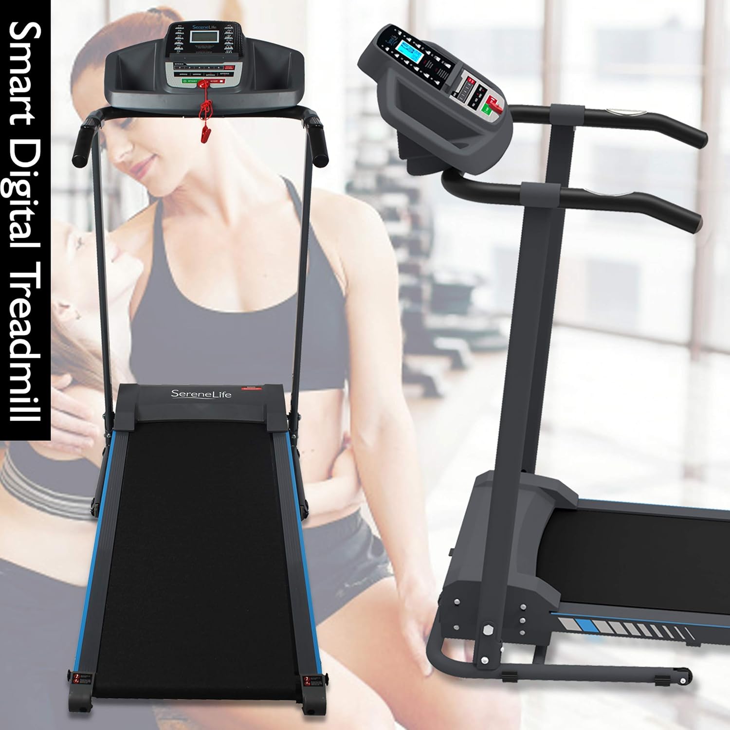 SereneLife Electric Folding Treadmill Exercise Machine - Smart Compact Digital Fitness Treadmill Workout Trainer w/Bluetooth App Sync, Manual Incline Adjustment, for Walking, Running, Gym - Image 6