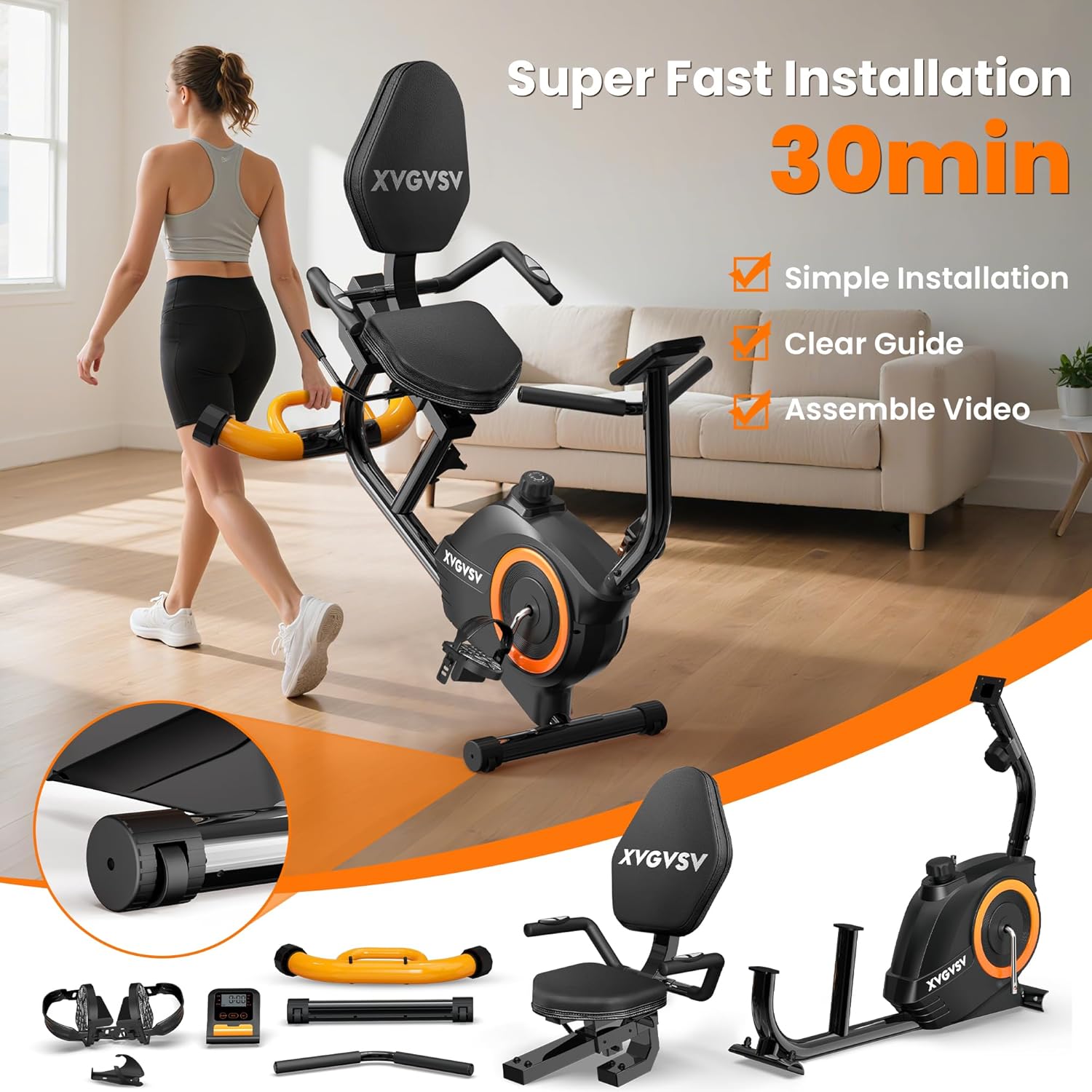 Recumbent Exercise Bike for Home Use, Quiet Recumbent Stationary Bikes for Adults & Seniors, 16-Level Resistance, Adjustable Seat, Supports 400LB, Pulse Sensors & LCD Display - Image 4