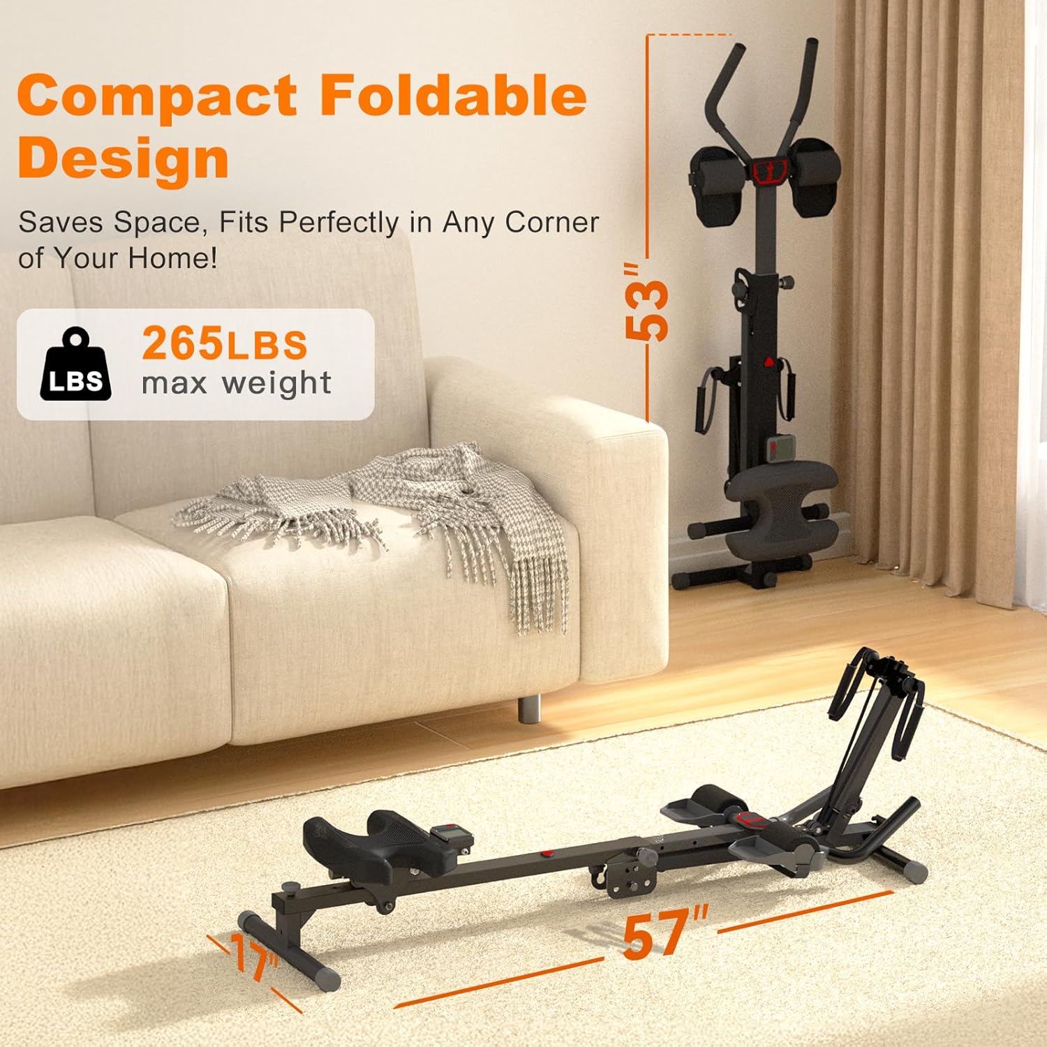 TOUSAINS 3 in 1 Rowing Machine, Ab Machine with Resistance Bands, Abdominal Trainers for Full Body Workout, Fitness Foldable Equipment Rowing Machine for Home Gym - Image 7