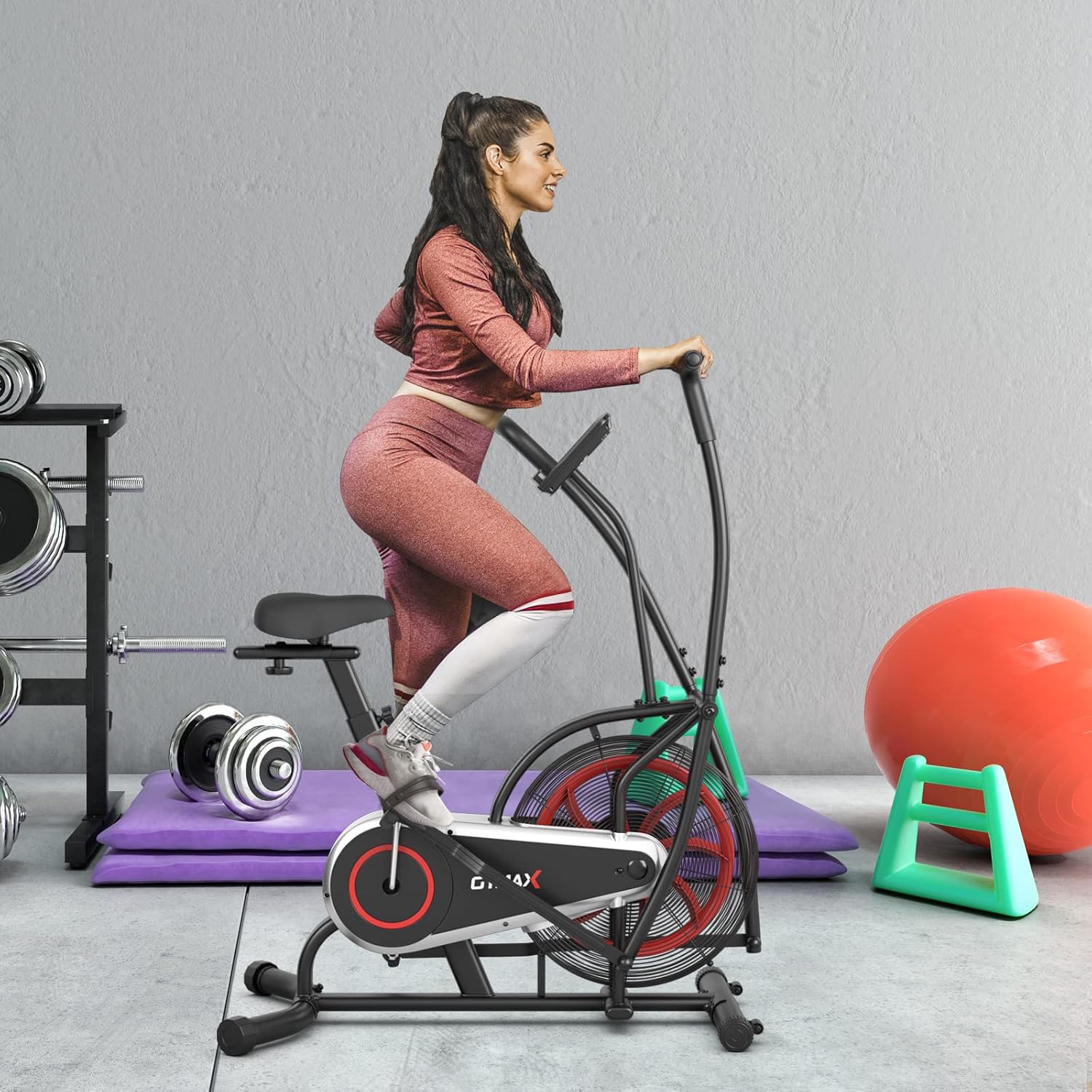 GYMAX Fan Bike, Air Resistance Upright Bike with LCD Monitor, Phone Holder & Built-in Wheels, Fully Adjustable Stationary Exercise Bike for Home Gym Cardio Training Workout Fitness - Image 8