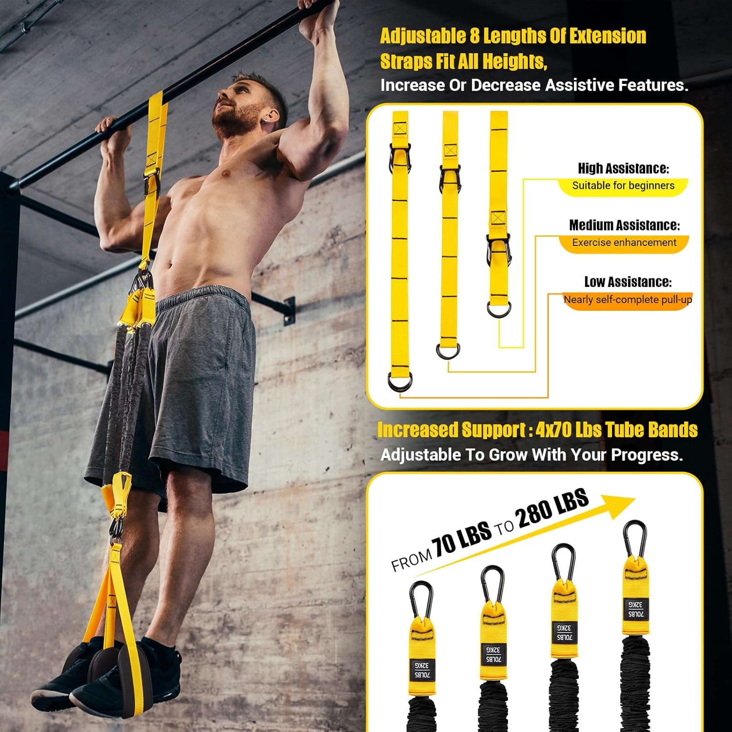 Pull Up Assistance Bands, 4 Adjustable Heavy Duty Resistance Bands for Pull Up Bar, Pull Up Assist Bands with Fabric Feet/Knee Rest for Home Gym Fitness Exercise Strength Training(70-280lbs) - Image 3