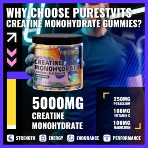 Creatine Monohydrate Gummies (5g) – Pre-Workout Energy & Muscle Growth Support for Men & Women | Grape Mango Electrolyte Gummies (135 Count)