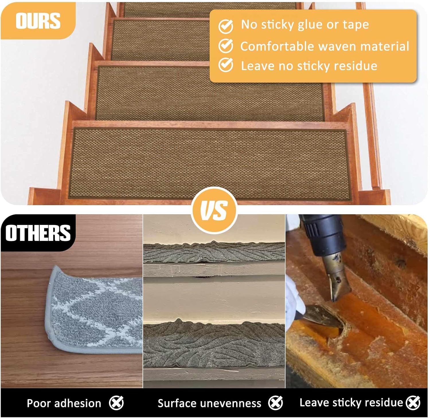 Seloom Linen Non-Slip Stair Treads Carpet for Wooden Steps Indoor, Peel and Stick for Wood Stairs, Machine Washable Runners for Pets, 15 Pack, Coffee (9" x36") - Image 4