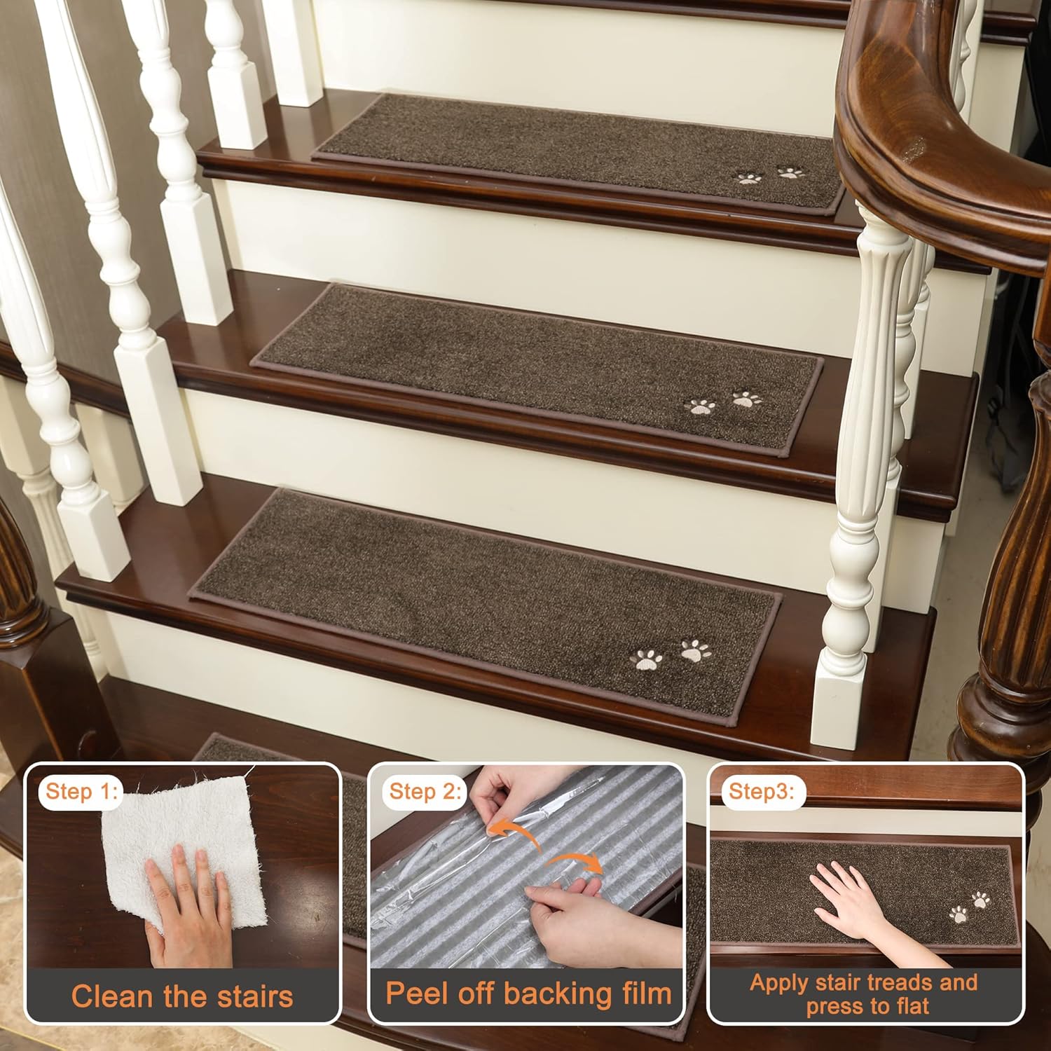 BEQHAUSE Stair Treads for Wooden Steps 28inX9in, Non Slip Carpet Stair Treads Indoor Stair Runners Machine Washable, Soft Stair Rugs Mat Surface Polyester TPE Backing, 15pcs, Brown - Image 6