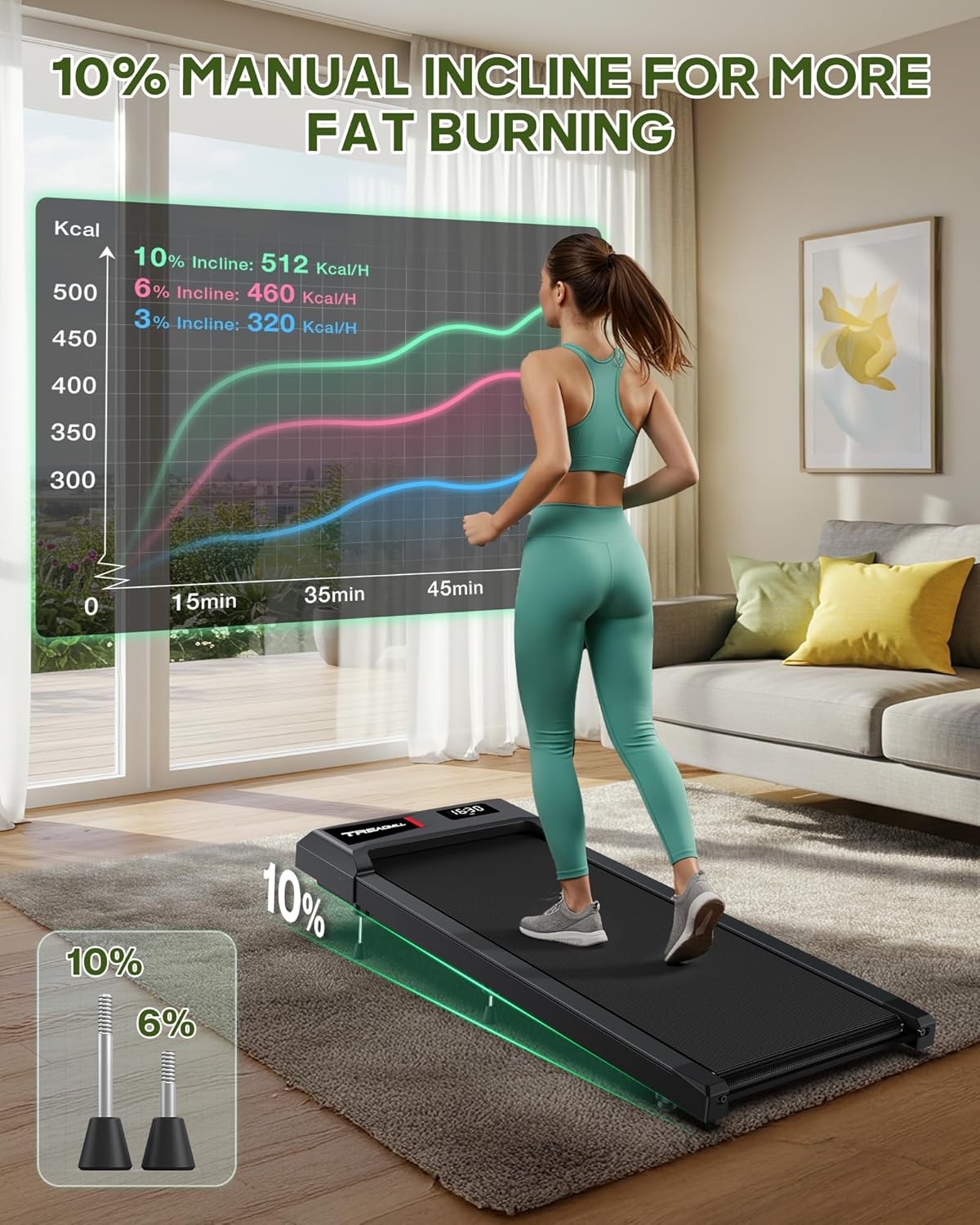 Walking Pad with Incline, Walking Pad Treadmill 300lb Capacity, Under Desk Treadmill Works with KINOMAP WELLFIT, 2.5HP Running Pad Small Treadmill for Home Office Apartment - Image 3