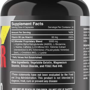 N.O. Monster Nitric Oxide Booster with L-Arginine – Extreme Pumps for Strength, Muscle Growth, Pre-Workout Support – Boost Energy, Stamina & Endurance – 120 Capsules, Made in The USA