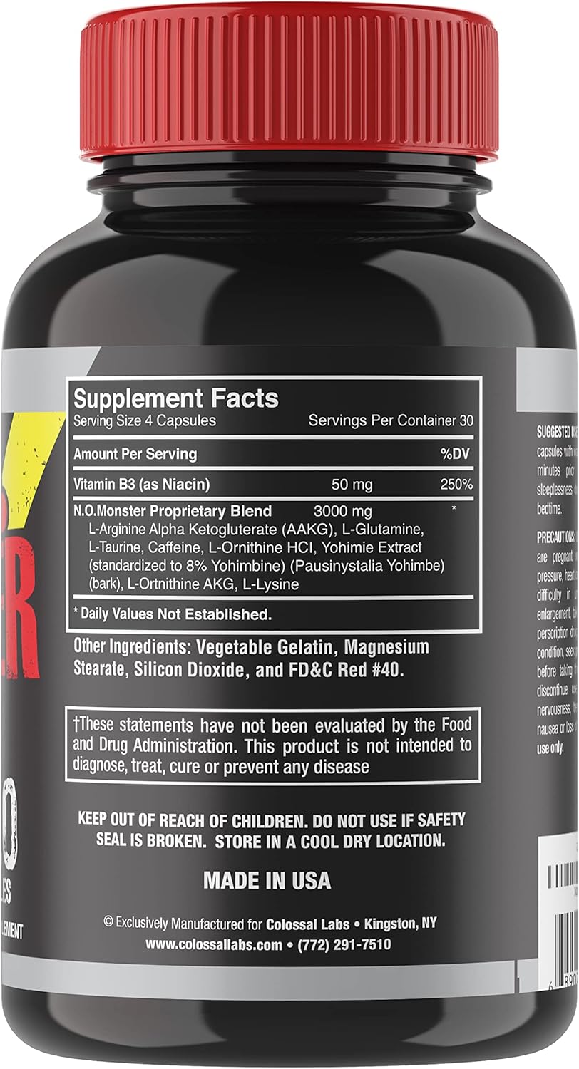 N.O. Monster Nitric Oxide Booster with L-Arginine – Extreme Pumps for Strength, Muscle Growth, Pre-Workout Support – Boost Energy, Stamina & Endurance – 120 Capsules, Made in The USA - Image 2