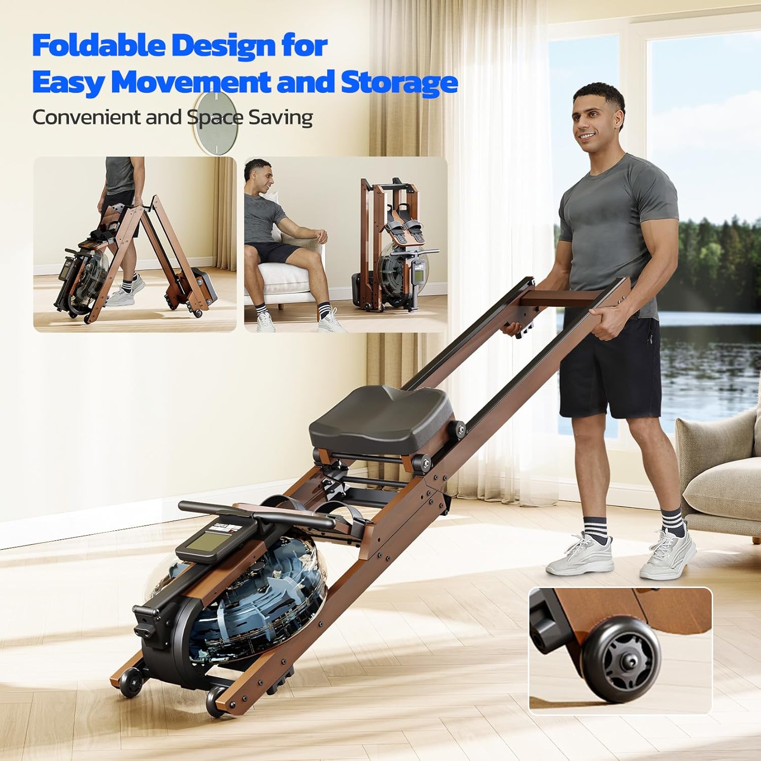 Dripex Water Rowing Machines for Home Use, Foldable Row Machine with 400LBS Weight Capacity, Rower Machine with Dedicated LCD Monitor, Comfortable Seat, Bluetooth App Compatible for Home Gym Exercise - Image 4