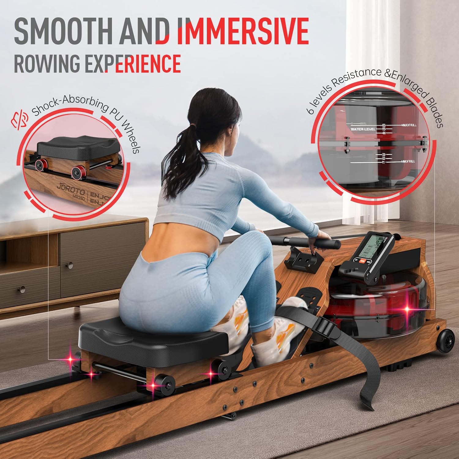 JOROTO Rowing Machines for Home Use, Foldable Rower Machine with Bluetooth Monitor, Tablet Holder Water Rowing Machine - Image 3