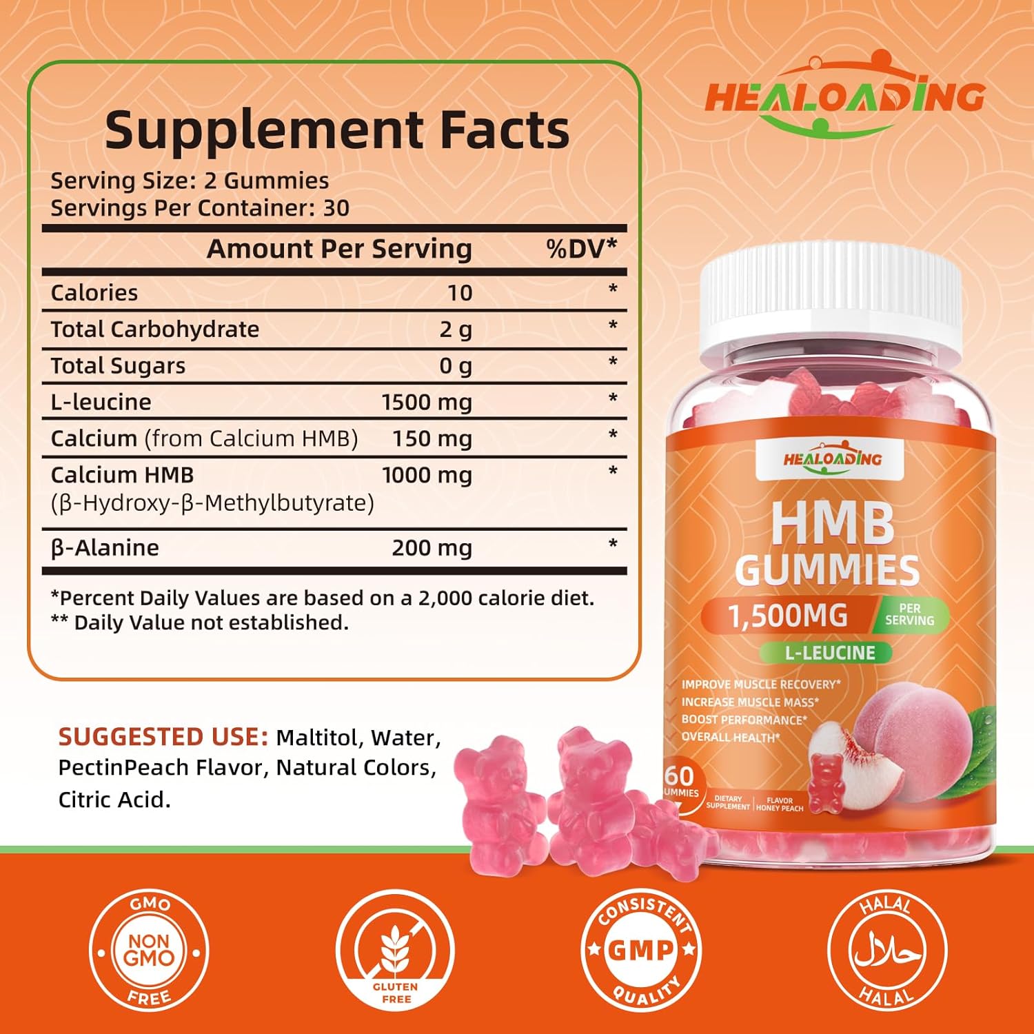 HMB and Leucine Gummies Supplement: HMB Supplements for Men 1500mg and Leucine Amino Acid for Muscle Recovery Increase Muscle Mass Improve Endurance Non-GMO Sugar Free Peach 60 Gummies - Image 2