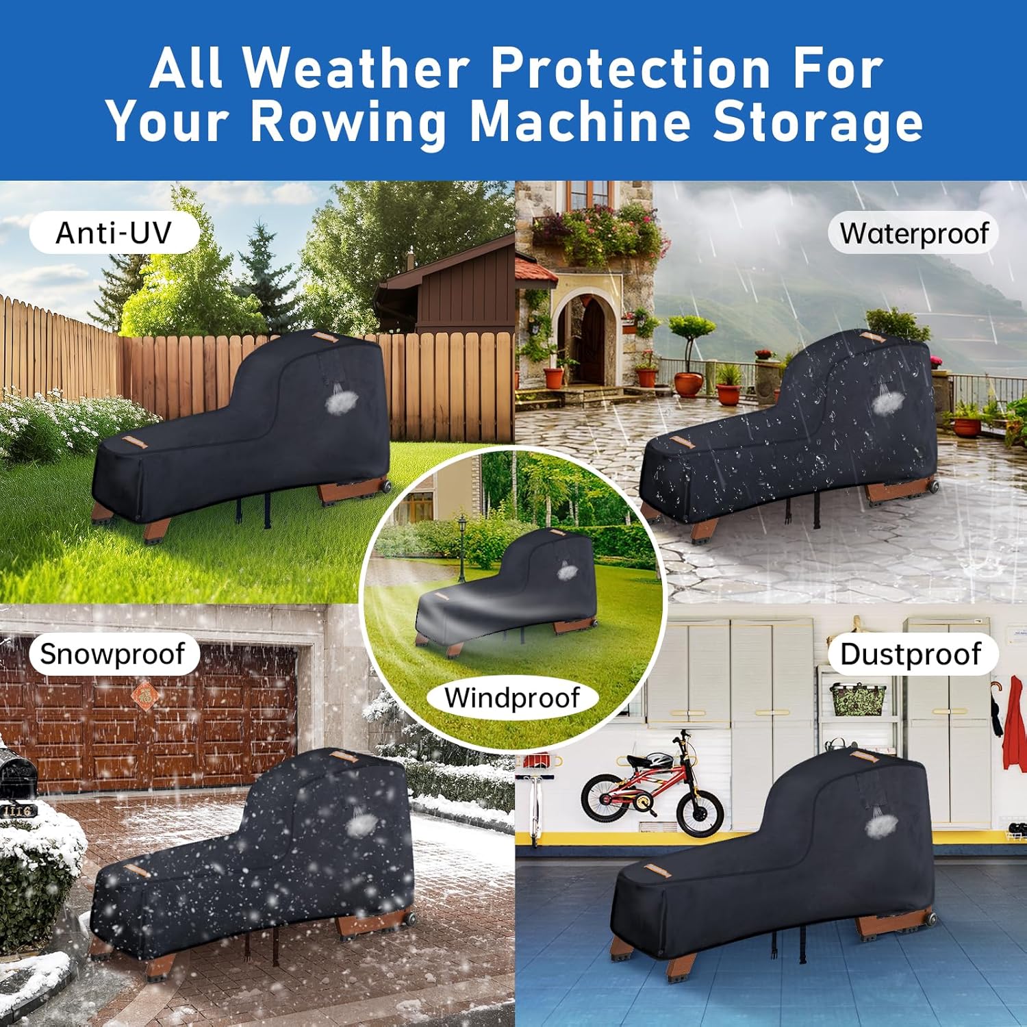 Rowing Machine Cover,420D Heavy Duty Rower Outdoor Covers,Outdoor Protective Cover for Concept 2 Fitness Equipment,with Waterproof Strip,Windproof Buckle,2 Handles,Accessories Fit for Concept 2 Rower - Image 3