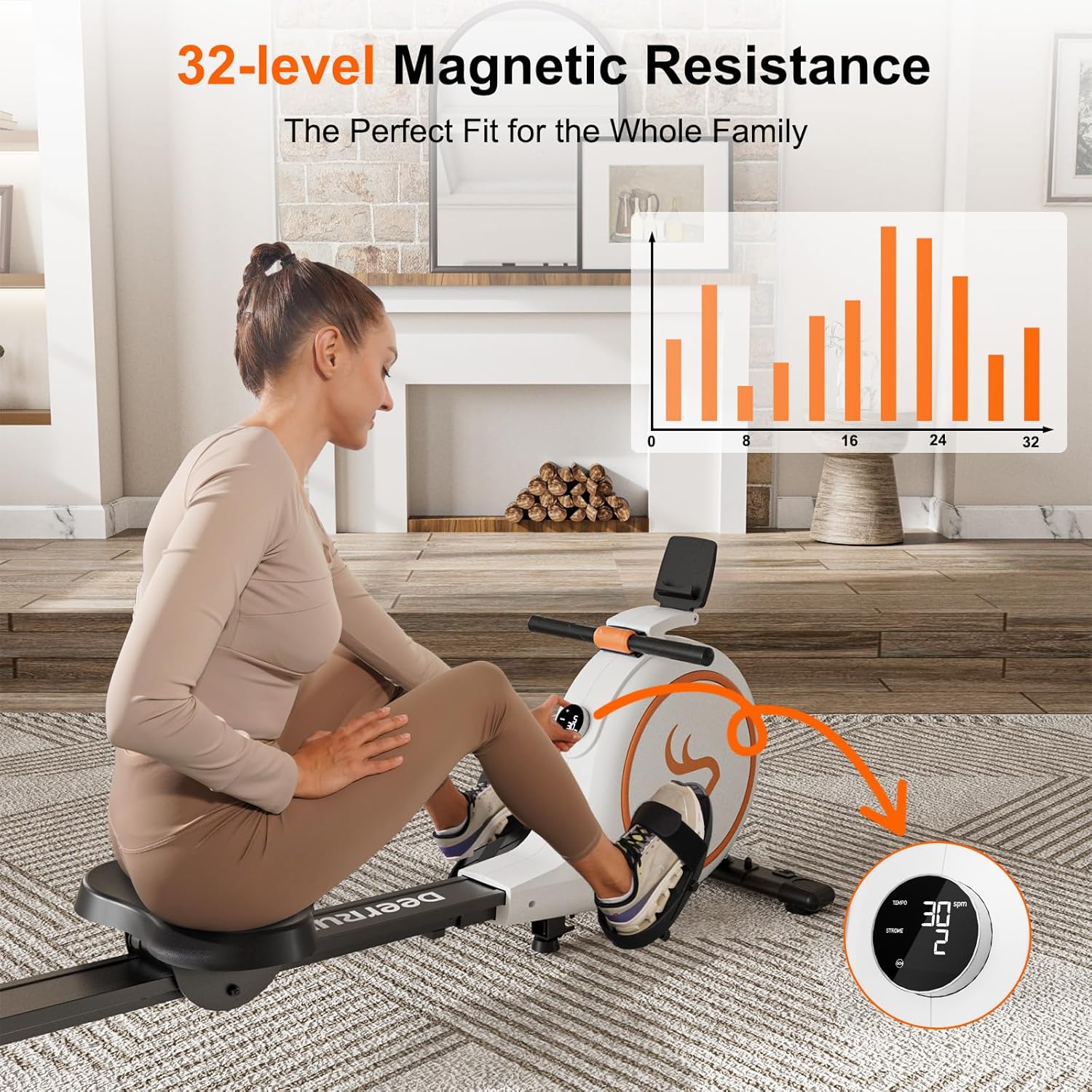 DeerRun Rowing Machines for Home, 32 Levels of Quiet Resistance Magnetic Rowing Machine, 300LBS Capacity, Row Machine with LED Monitor & Comfortable Seat, Bluetooth, App Supported and Tablet Holder - Image 2