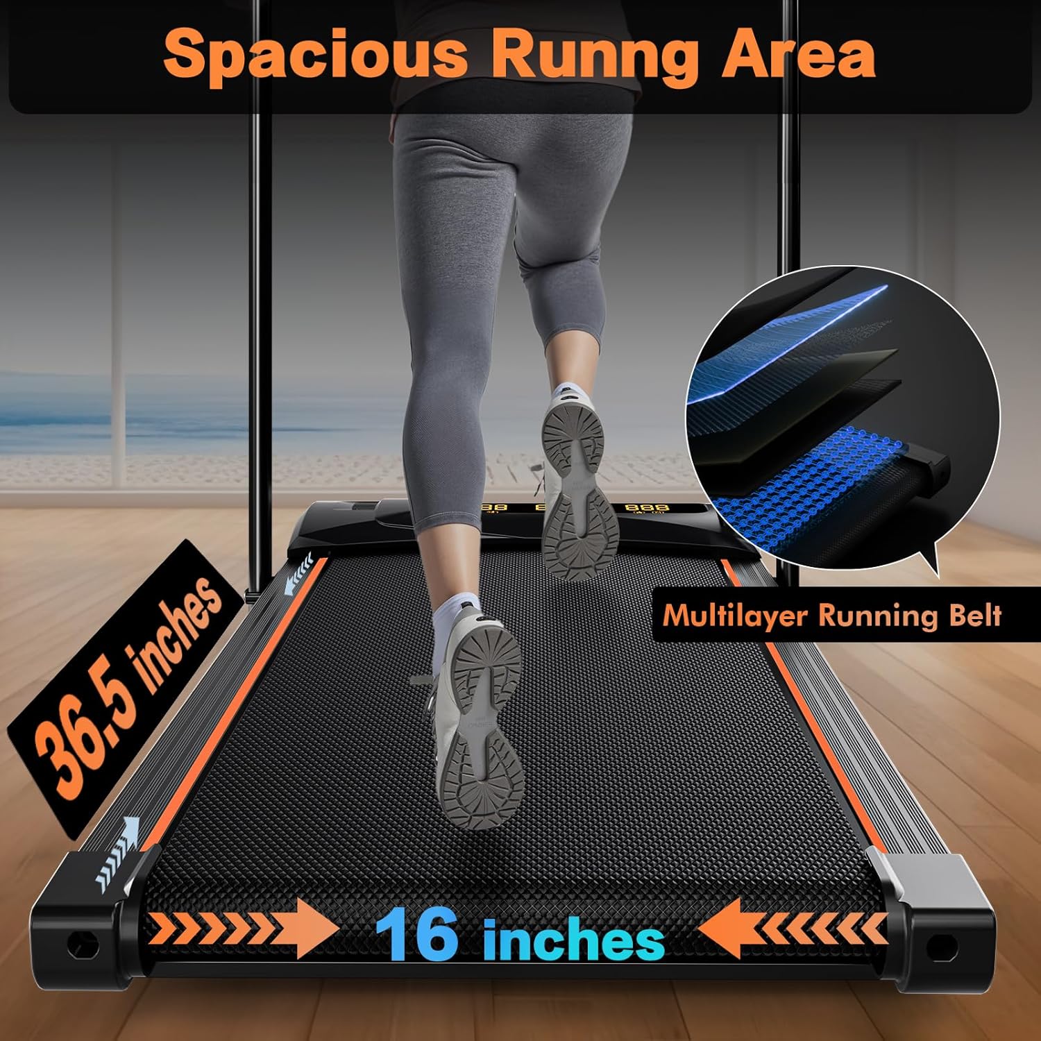 7.8MPH Incline Treadmill for Home, Walking Pad with Handle Bar, Under Desk Compact Treadmill with 350 Lbs Capacity, LED Display & APP, Remote Control, 3.0HP - Image 3